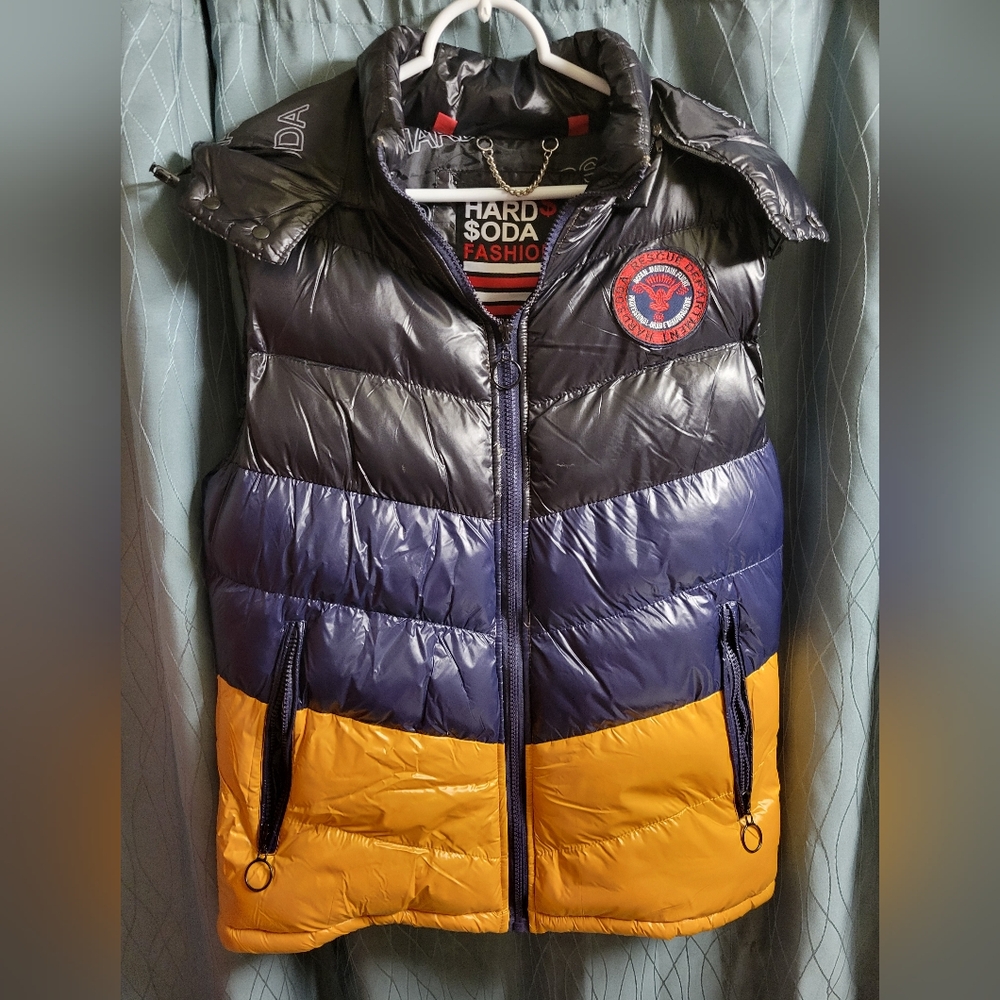 Navy blue and mustard puffer vest. Size large